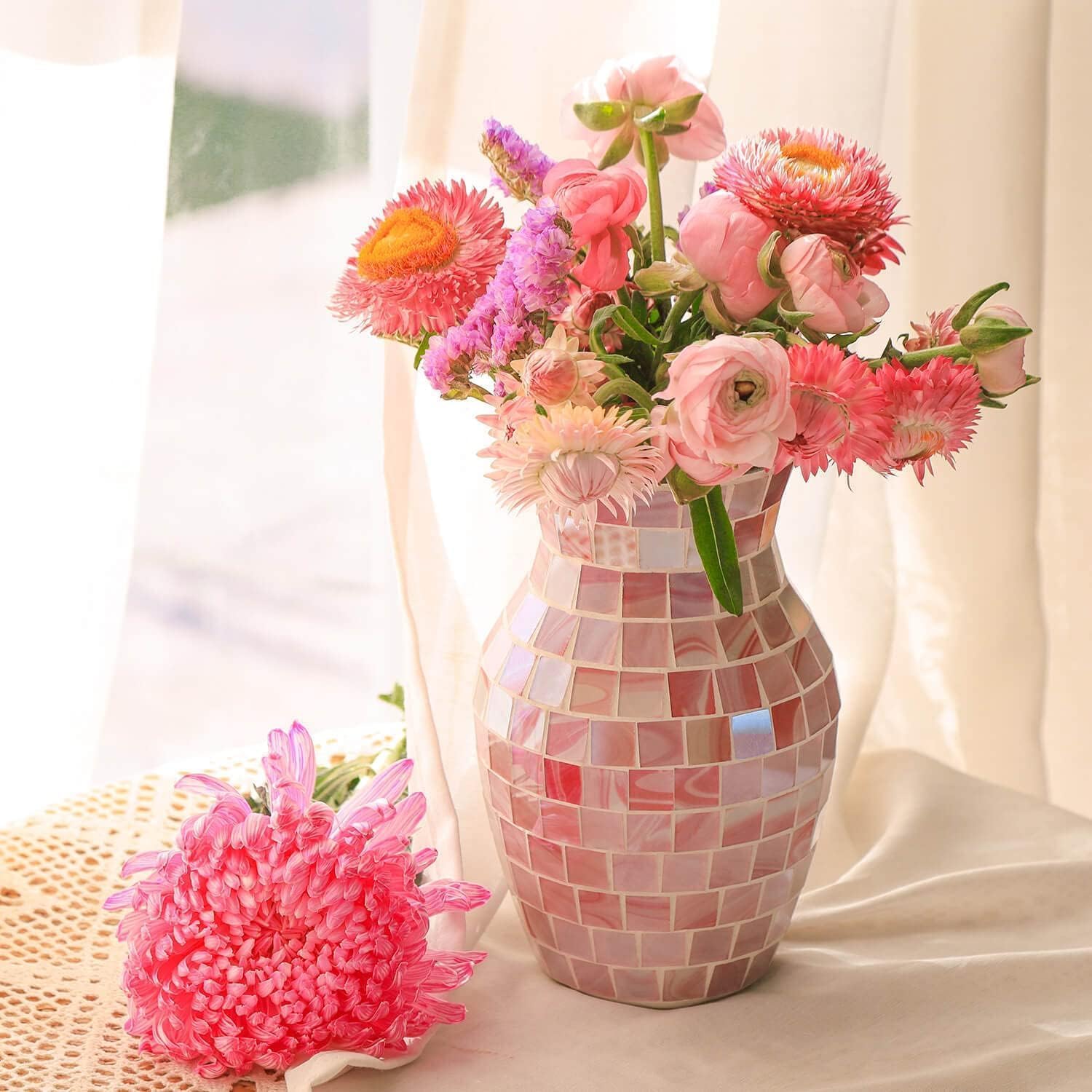 Pink Glasvase für Blumen - Moderne Boho Blumenvase für Tischdeko, Deko Vasen für Wohnzimmer, Küche, Home, Fensterbank & Regal