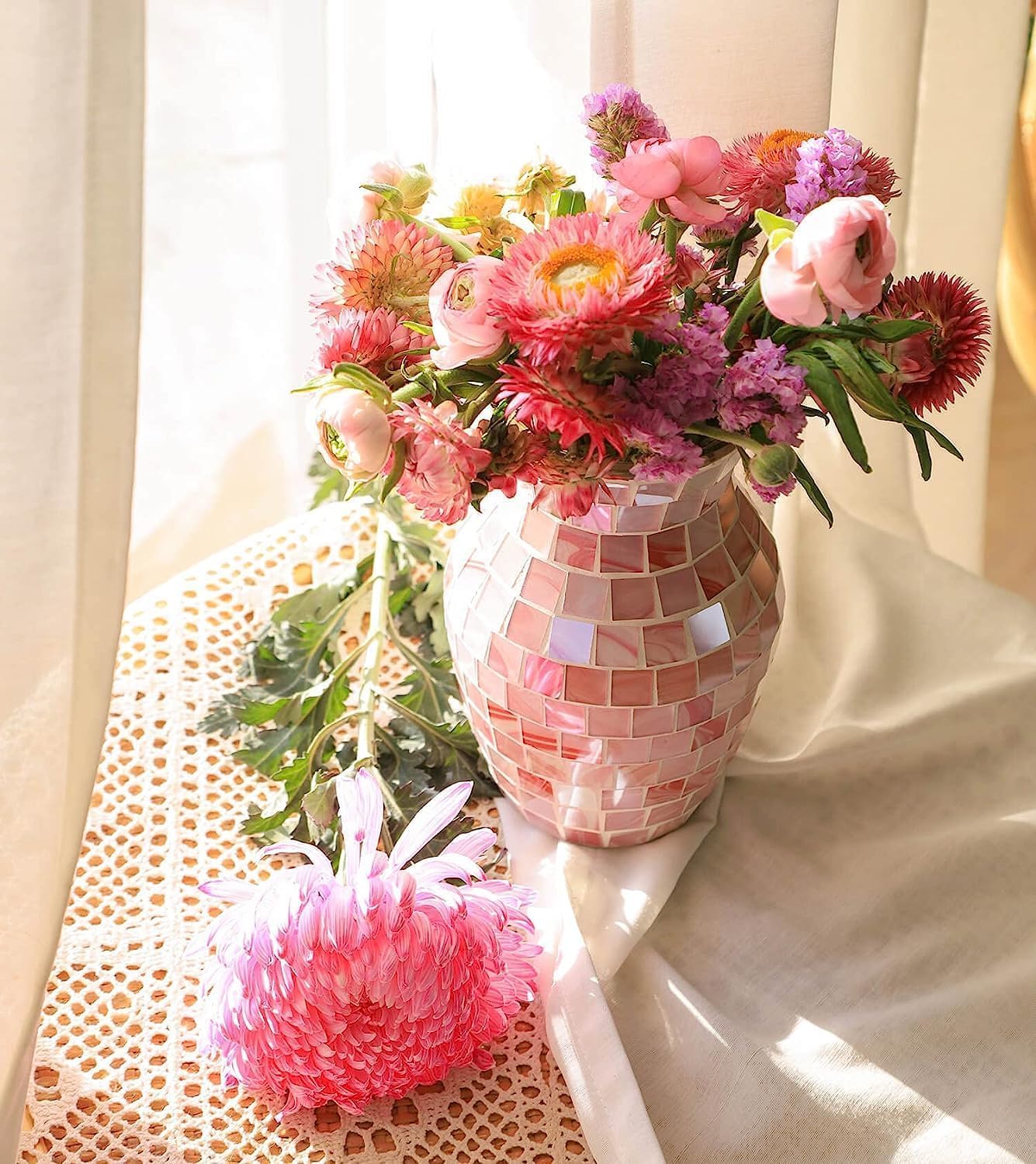 Pink Glasvase für Blumen - Moderne Boho Blumenvase für Tischdeko, Deko Vasen für Wohnzimmer, Küche, Home, Fensterbank & Regal